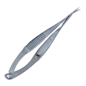 McPherson-Vannas Curved Iris Scissors, Serrated And Flat Handle With Polished Finish, Sharp Pointed Tips, 11mm Mid Screw To Tip, And Overall Length Of 3 3/8" (85mm) (Trabecular Scissor) 